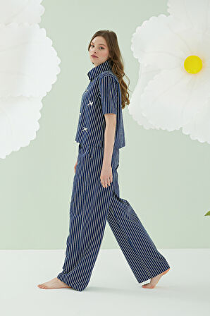 Lacivert Kurdele Önden Düğmeli Pijama Takım