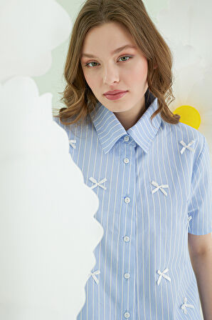 Mavi Kurdele Önden Düğmeli Pijama Takım