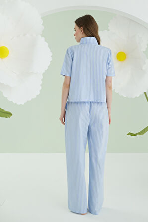 Mavi Kurdele Önden Düğmeli Pijama Takım