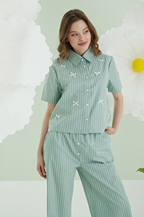 Yeşil Kurdele Önden Düğmeli Pijama Takım