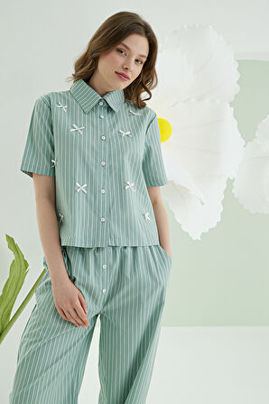 Yeşil Kurdele Önden Düğmeli Pijama Takım