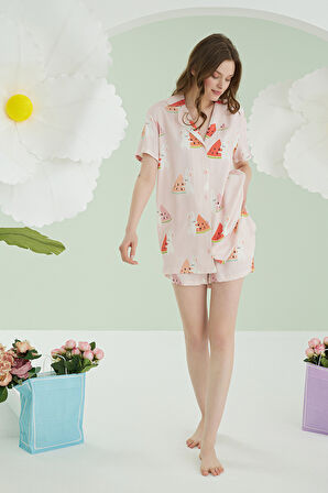 Pembe  Karpuz Önden Düğmeli Şortlu Pijama Takımı