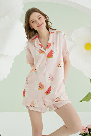 Pembe  Karpuz Önden Düğmeli Şortlu Pijama Takımı