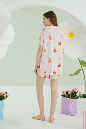 Pembe  Karpuz Önden Düğmeli Şortlu Pijama Takımı