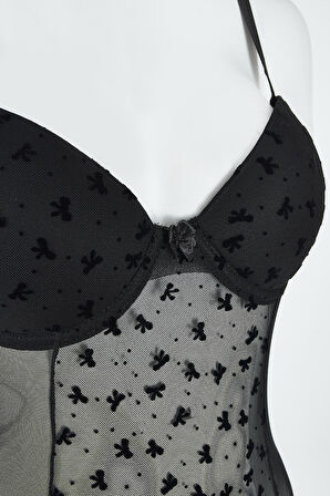 Siyah Bow Hafif Destekli Bodysuit