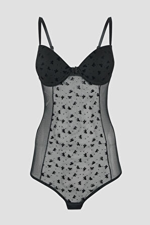 Siyah Bow Hafif Destekli Bodysuit