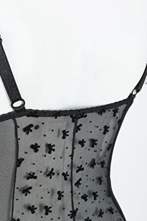 Siyah Bow Hafif Destekli Bodysuit