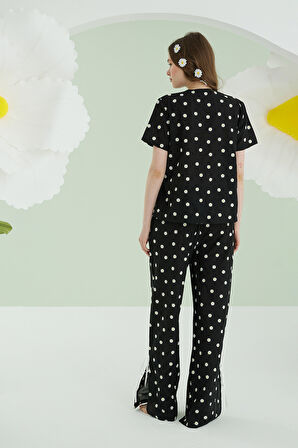 Siyah Papatya Desenli Önden Bağlamalı Pijama Takımı