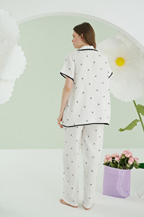 Ekru Kurdele Önden Bağlamalı Pijama Takımı