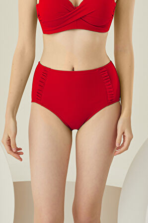 Kırmızı Yanları Fırfırlı Yüksel Bel Tek Alt Bikini