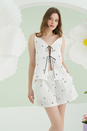 Ekru Kurdele Askılı Şort Takım