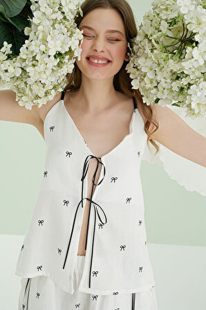 Ekru Kurdele Askılı Şort Takım