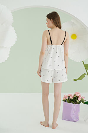 Ekru Kurdele Askılı Şort Takım