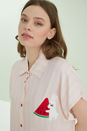 Pembe Karpuz Desenli Önden Düğmeli Pijama Takım