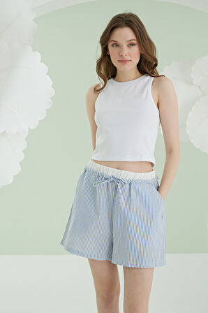 Mavi Kurdele Crop Şort Takım