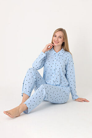 Mavi Polka Dot Önden Düğmeli Pijama Takım