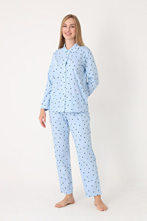 Mavi Polka Dot Önden Düğmeli Pijama Takım