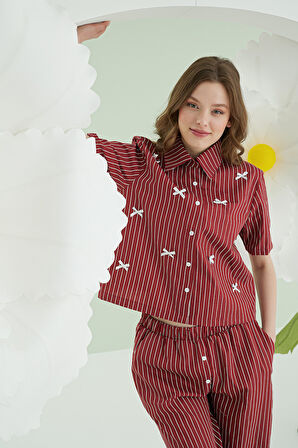 Bordo Kurdele Önden Düğmeli Pijama Takım