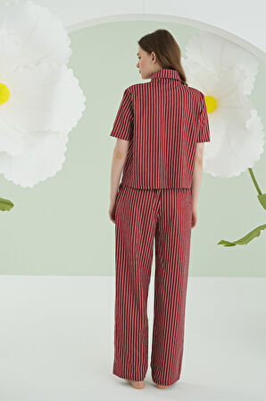 Bordo Kurdele Önden Düğmeli Pijama Takım