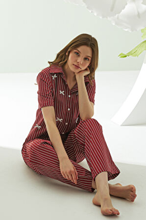 Bordo Kurdele Önden Düğmeli Pijama Takım