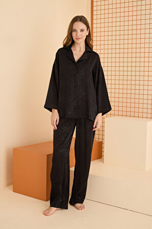 Siyah Önden Düğmeli Pijama Takım