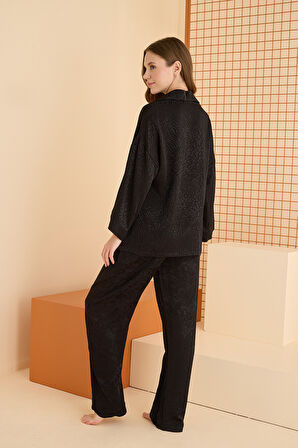 Siyah Önden Düğmeli Pijama Takım