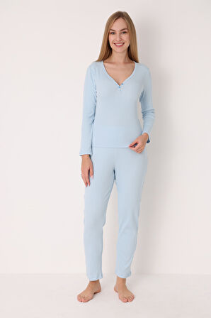 Mavi Patlı V Yaka Pijama Takım