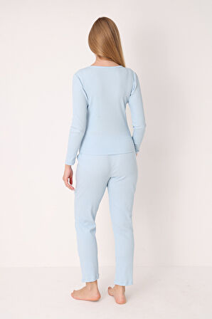 Mavi Patlı V Yaka Pijama Takım