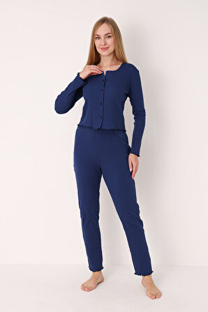 Lacivert Önden Düğmeli Pijama Takımı