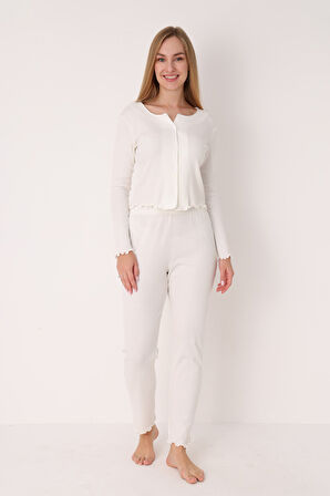 Ekru Önden Düğmeli Pijama Takımı