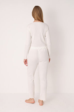 Ekru Önden Düğmeli Pijama Takımı
