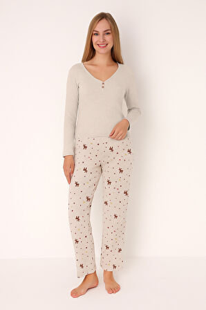 Bej Deer Patlı Pijama Takım
