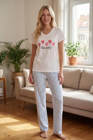 Ekru Mavi Minik Kalpler V Yaka Pijama Takımı