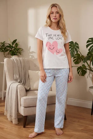 Ekru Mavi Minik Kalpler Bisiklet Yaka Pijama Takımı