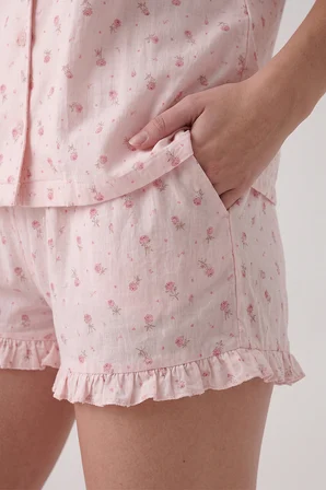 Pembe Romantik Çiçek Bağlamalı Önden Düğmeli Şort Takım