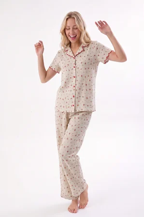 Ekru Küçük Çiçekli Önden Düğmeli Pijama Takımı