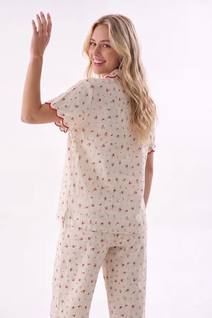 Ekru Küçük Çiçekli Önden Düğmeli Pijama Takımı