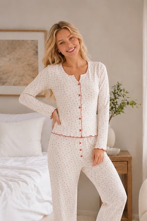 Kiremit Kirazlı Önden Düğmeli Pijama Takımı