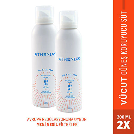ATHENIAS Athenıas Sun Milk Spray SPF50+ Tüm Cilt Tipleri Için Uva Uvb Yüksek Korumalı güneş kremi 200 ml x 2 Adet