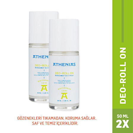 ATHENIAS Bergamot & Citrus Deodorant Roll On Koltuk Altı Tıkamaz Aluminyum Içermez 50 ml X2