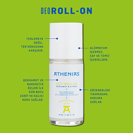 ATHENIAS Bergamot & Citrus Deodorant Roll On Koltuk Altı Tıkamaz Aluminyum Içermez 50 ml X2