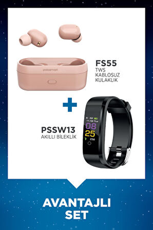 Polosmart FS55 Kablosuz Kulaklık Pembe + Polosmart PSSW13 Akıllı Bileklik Siyah Set 