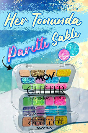 MOV Glitter 12’li Far Paleti No:04 – 13,5 g – Işıltılı & Yarı Mat Tonlar – Yüksek Pigmentasyon & Uzun Süre Kalıcılık