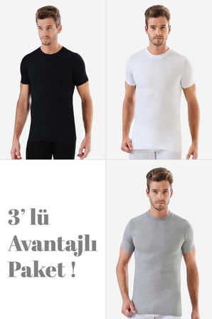 Erkek Sıfır Yaka Kısa Kollu Fanila Tişört %100 Pamuklu Penye 3'lü Paket