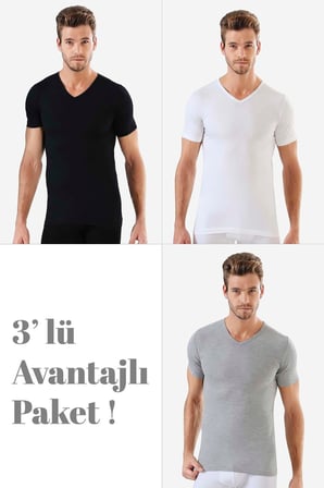 Erkek V Yaka Kısa Kollu Fanila %100 Pamuk Penye 3'lü Set