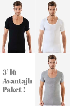 Erkek Bisiklet Yaka Kısa Kol Fanila Tişört %100 Pamuklu 3'lü Paket