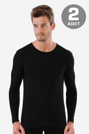 Erkek Bisiklet Yaka Uzun Kollu Fanila Badi %100 Pamuklu Ribana 2'li Paket