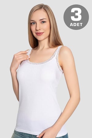 Kadın Dantelli Askılı Atlet 3'lü Paket %100 Pamuklu Ribana Esnek