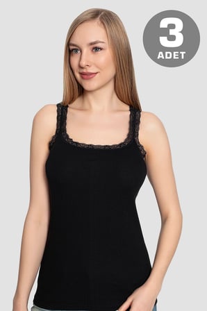 Kadın Dantelli Askılı Atlet 3'lü Paket %100 Pamuklu Ribana Esnek