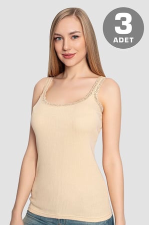 Kadın Dantelli Askılı Atlet 3'lü Paket %100 Pamuklu Ribana Esnek